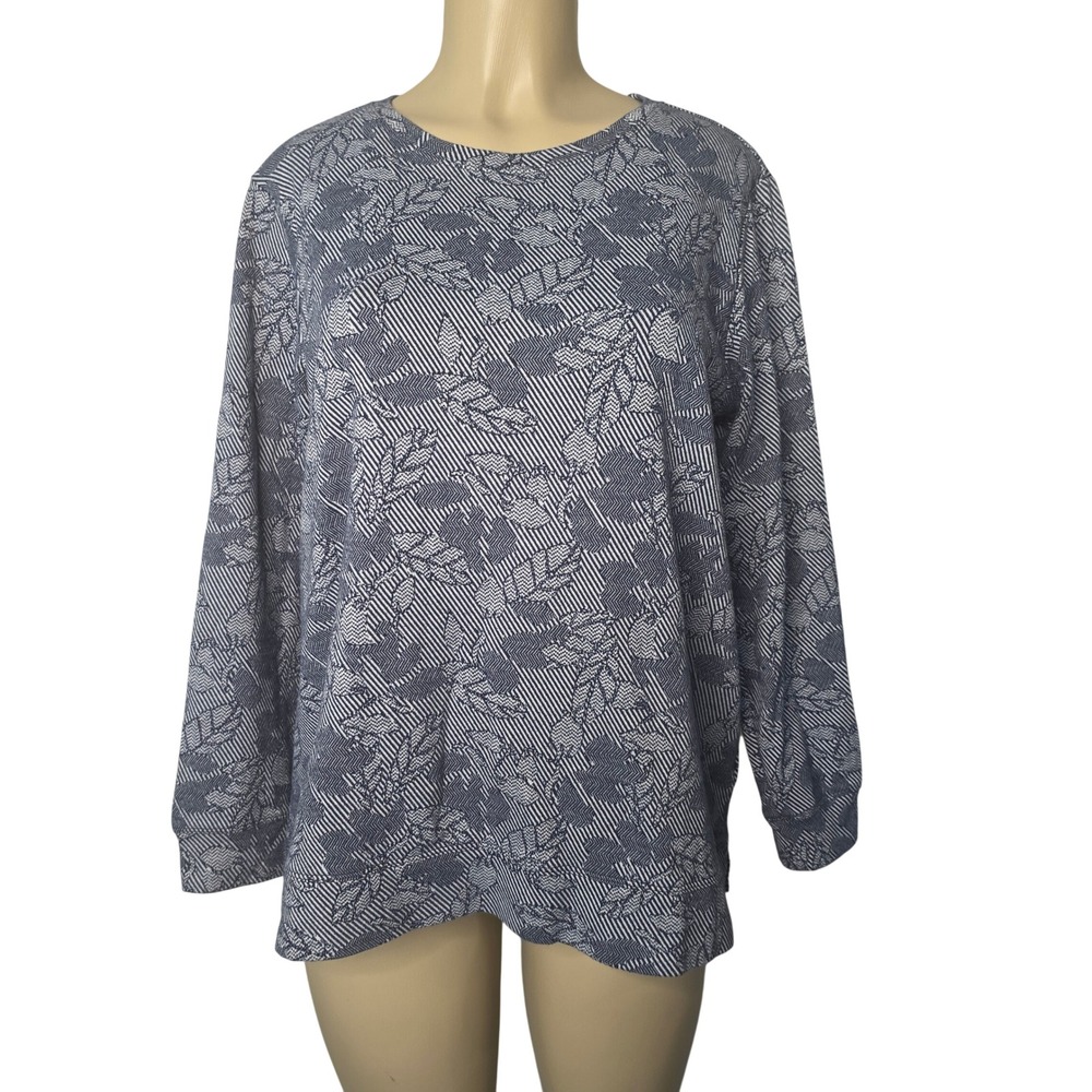 Lands End Top Womens L 14-16 Blue Floral Stripe Jacquard Long Sleeve Crewneck